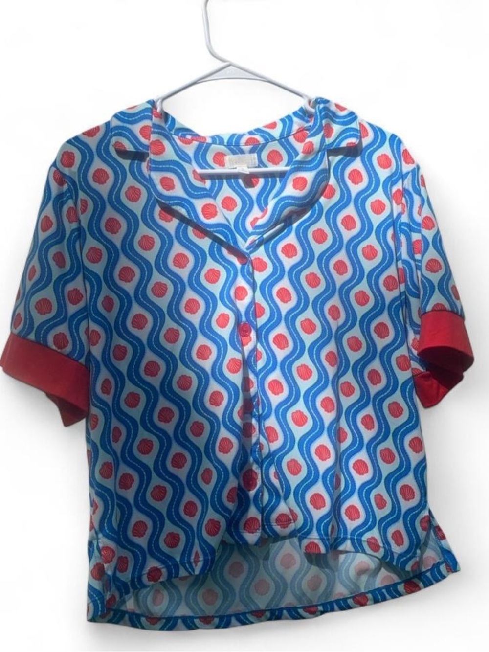 Blue Wave Print Button Front Top with Red Accents